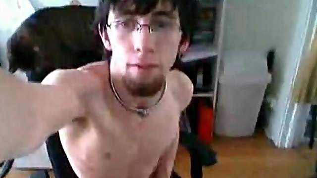 Skinny guy in glasses masturbates at home
