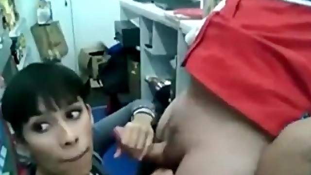 Beautiful girl blows him behind the counter at work