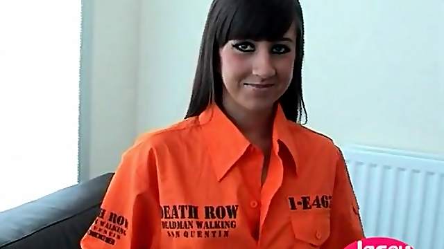 Leggy small tits teen strips from prison uniform