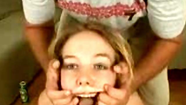 Cum on her face after rough blowjob