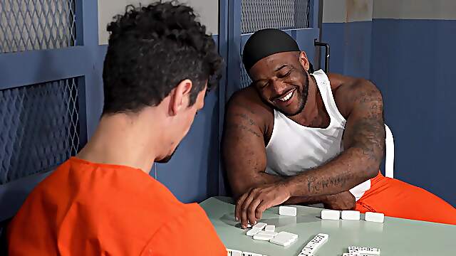 Black hunk devours white dude's butt hole in prison gay duo